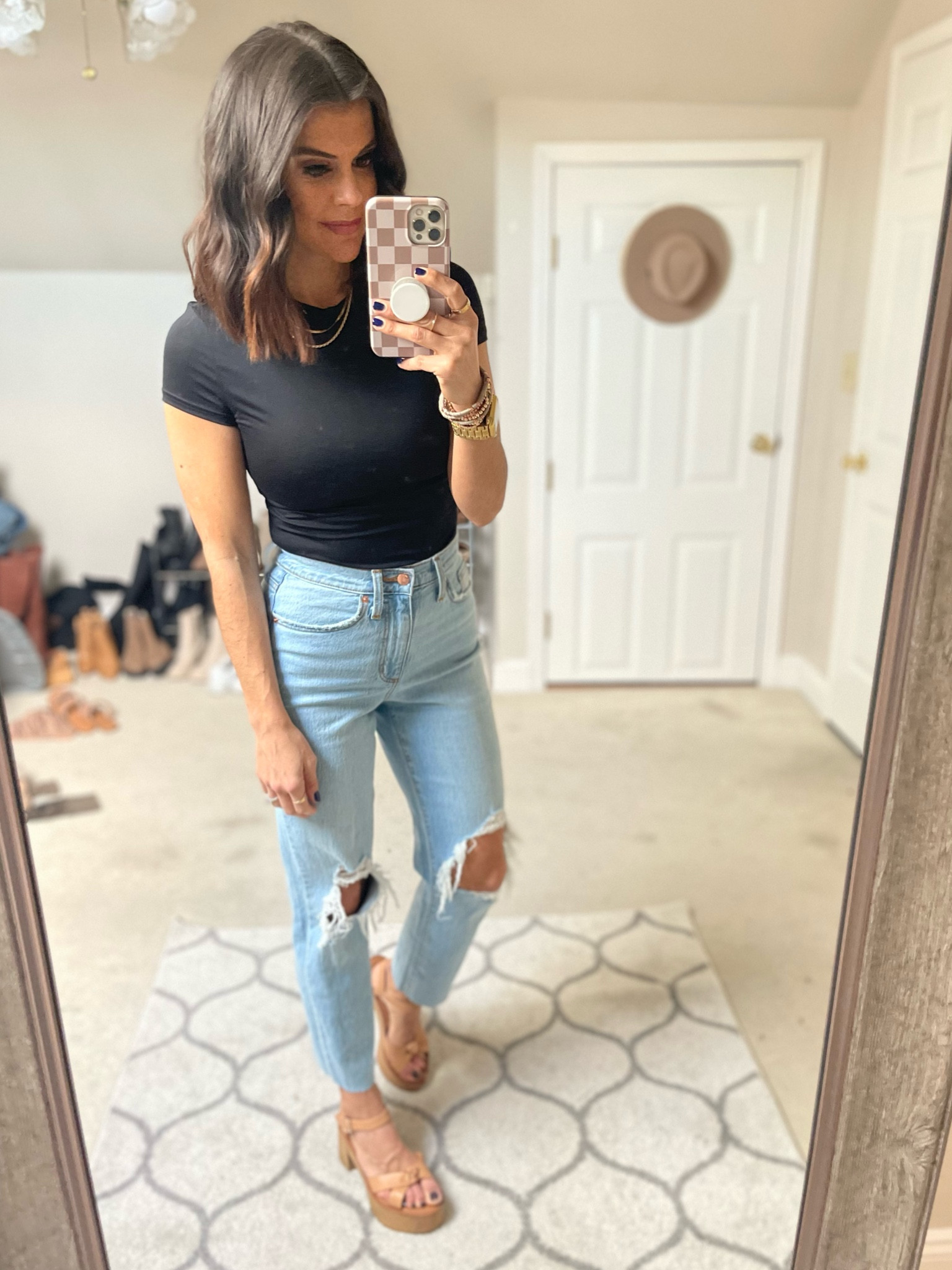 $5 Target tee! Size small, size up. It’s snug! 
Target jeans, sized down one size
Target heels, Tts 

#LTKstyletip #LTKunder50 #LTKunder100