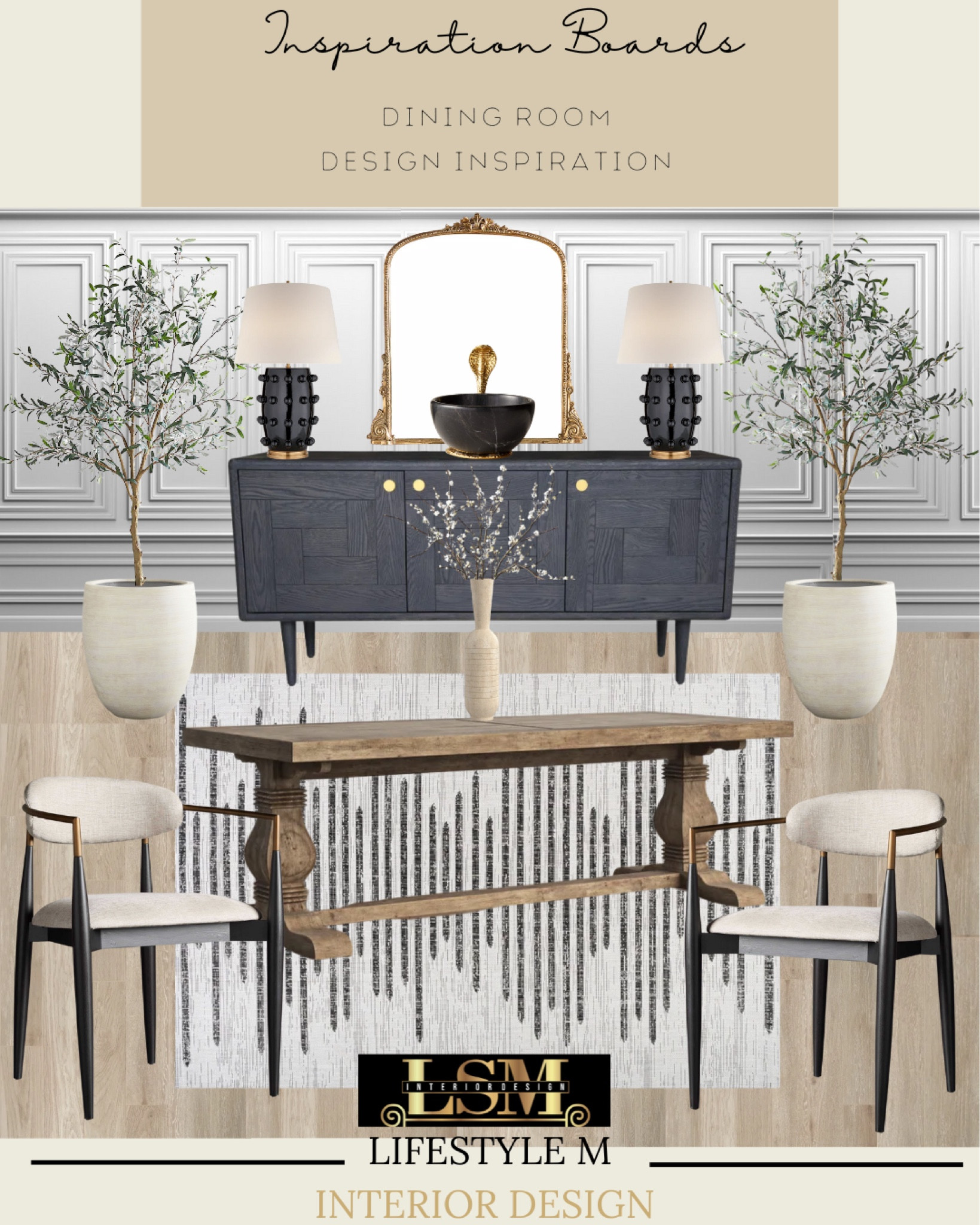 The broadmoore house inspired dining room. Recreate the loom at home with these furniture and decor. Wood dining table, black upholstered dining chair, stripe dining room, white tree planter pot, faux fake tree, tan vase, white flower plant, black buffet console table, black table lamp, black decorative bowls, brass mirror, wood floor tile. 

#LTKhome #LTKFind #LTKstyletip