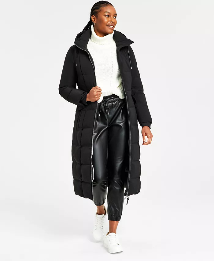 Women's Mixed-Media Belted Hooded Maxi Puffer Coat | Macy's