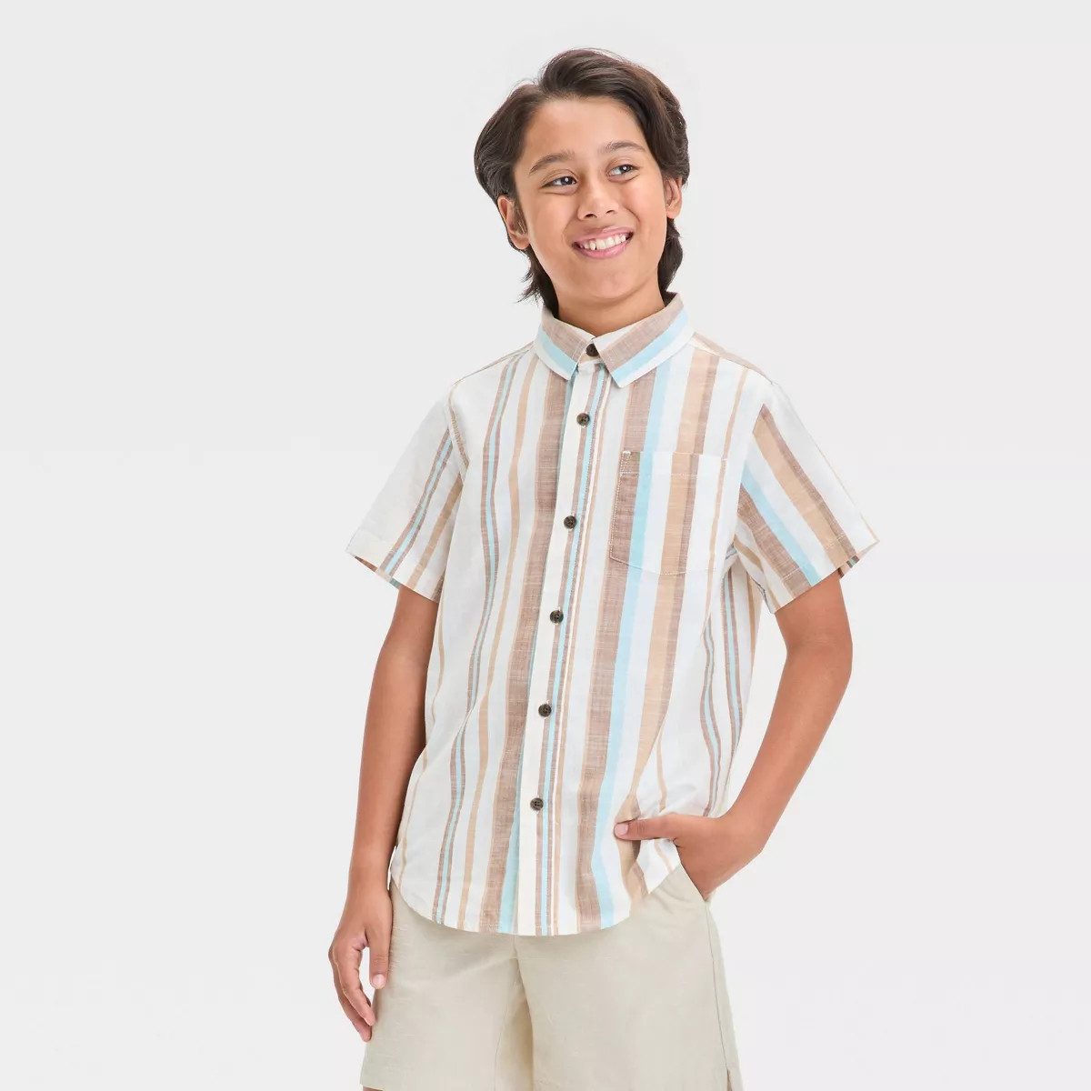 Boys' Short Sleeve Poplin Striped Button-Down Shirt - Cat & Jack™ | Target