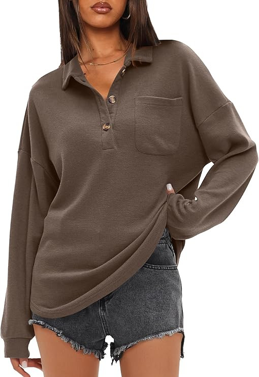 Darong Women Waffle Knit Long Sleeve Top Henley Shirts Button V Neck Solid Color Casual Tunic Tsh... | Amazon (US)