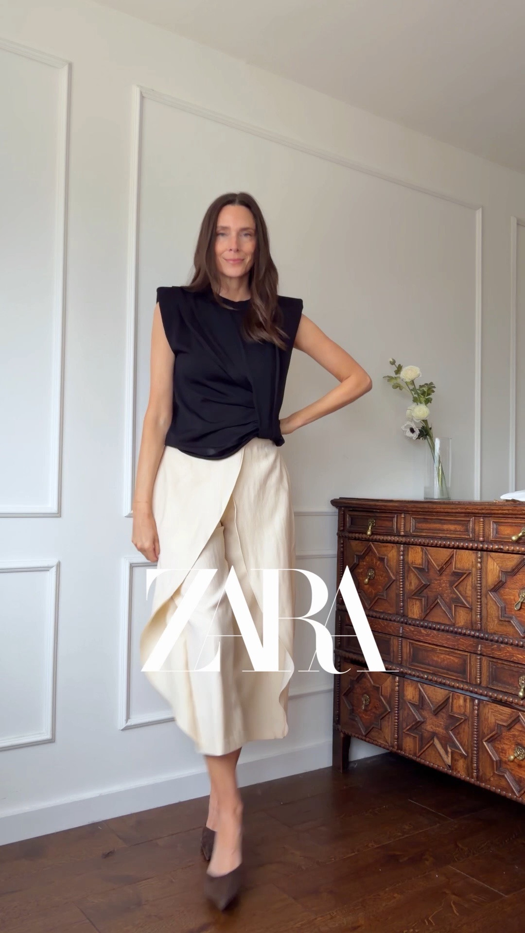 Size info:

Black top with shoulder pads, size S
Cream fitted blazer, size S
Cream trousers, size S

White linen trousers, S
Off-white draped top, M

Denim capris, S
White sleeveless shirt, S

Cream long shorts/culottes, XS
Ecru top with black straps, S

Wide-leg white jeans, UK 8
Ribbed lace top, size S

Blue jeans, UK 8 
Asymmetrical top, S

Black short-sleeve blazer, size S
Black satin bandeau top, size S. This is an odd fit! Not good for girls with boobs

Zara new in, new in at Zara, spring outfits, summer outfits, summer holiday outfits 

#LTKgrwm #LTKootd #LTKSeasonal