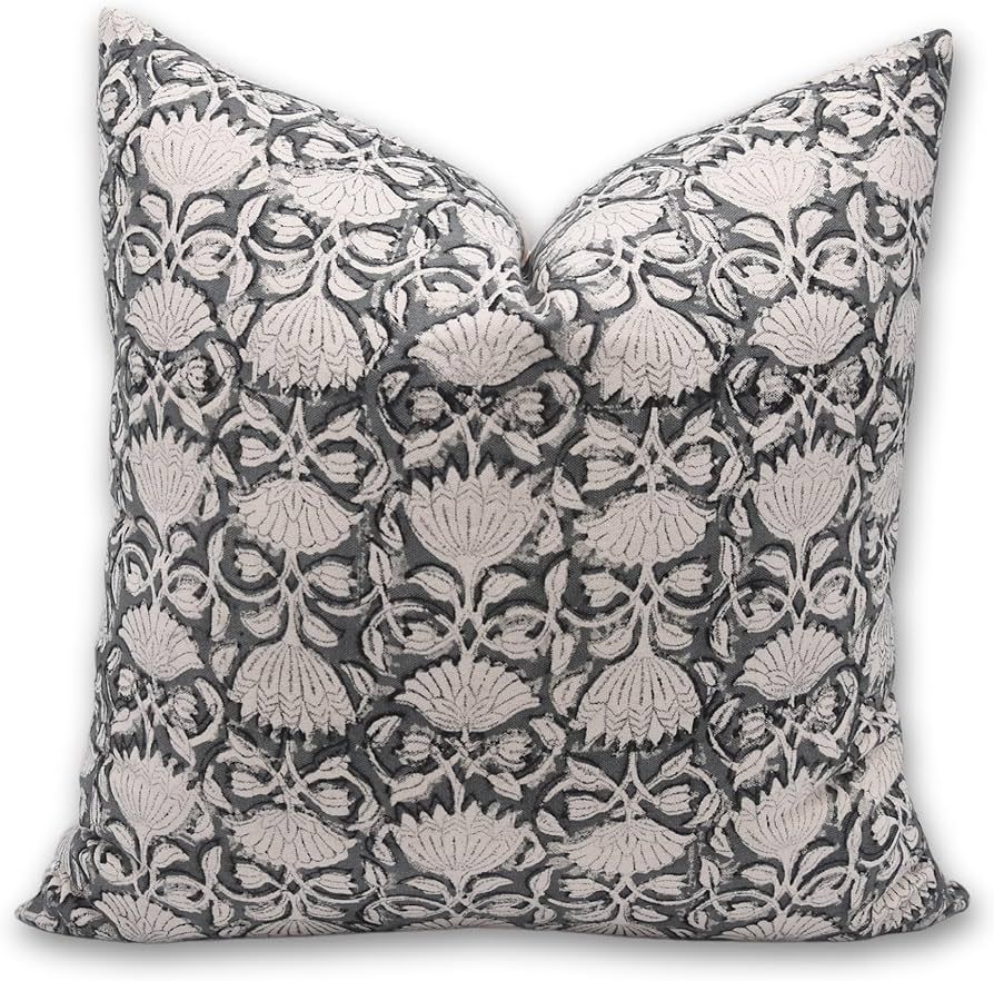 Block Print Duck Canvas Cotton 16x16 Throw Pillow Covers, Decorative Handmade Pillow Covers for Sofa and Couch, Floral Print Outdoor Cushion Cover with Boho Home Decor (Ulta Kamal, Grey) | Amazon (US)