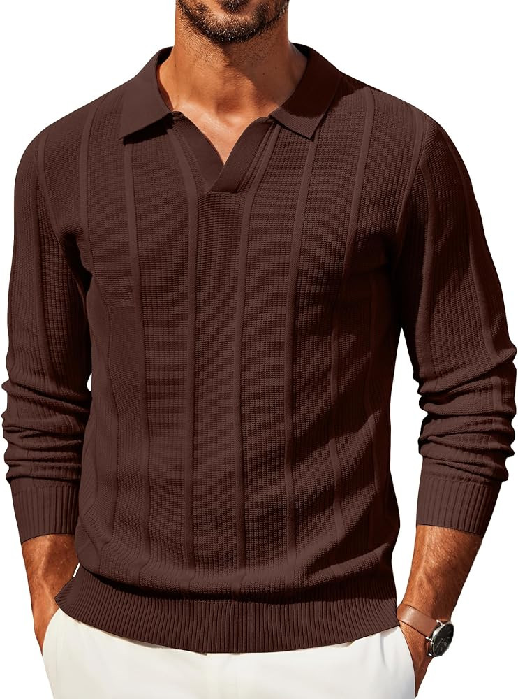 COOFANDY Mens Knit Long Sleeve Polo Shirt Sweater V-Neck Textured Pullover | Amazon (US)