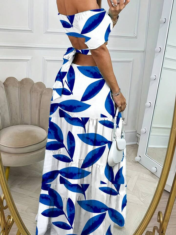 Women's Hollow Out Off Shoulder Plant Print High Waist A-Line Dress | SHEIN