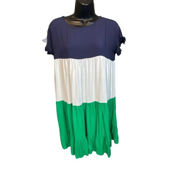 Navy White Green Colorblock Tiered Flutter Sleeve Sheath Baby Doll Dress | Poshmark