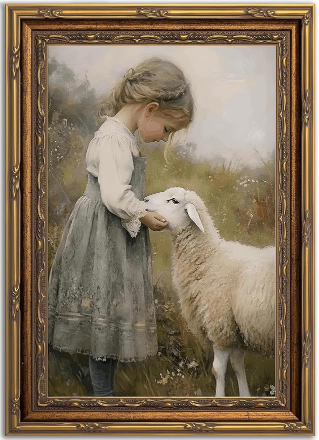 Gold Framed Vintage Aesthetic Girl With Sheep Wall Art Rustic Farmhouse Print Poster Artwork Shee... | Amazon (US)