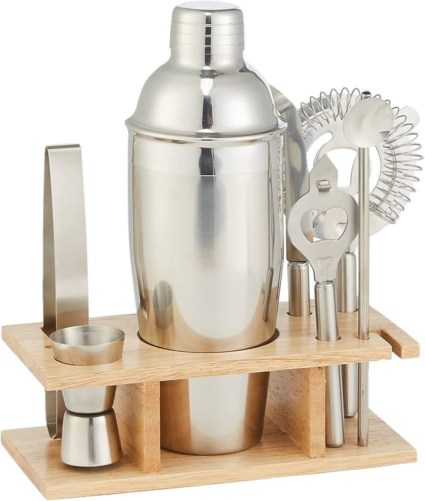 Amazon Basics Juego de herramientas de bar de 8 piezas de acero inoxidable con soporte de madera | Amazon (ES)