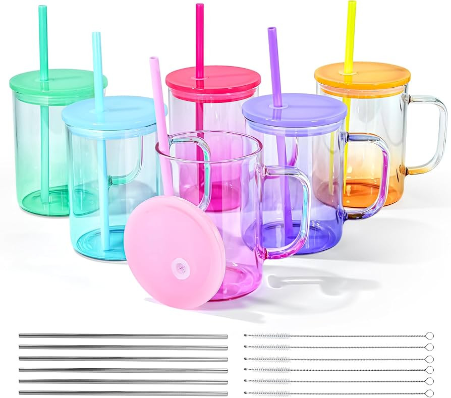 AGH 6 Pack Sublimation Glass Blanks with Colorful Lid and Straw, 16oz Gradient Colorful Glass Sub... | Amazon (US)