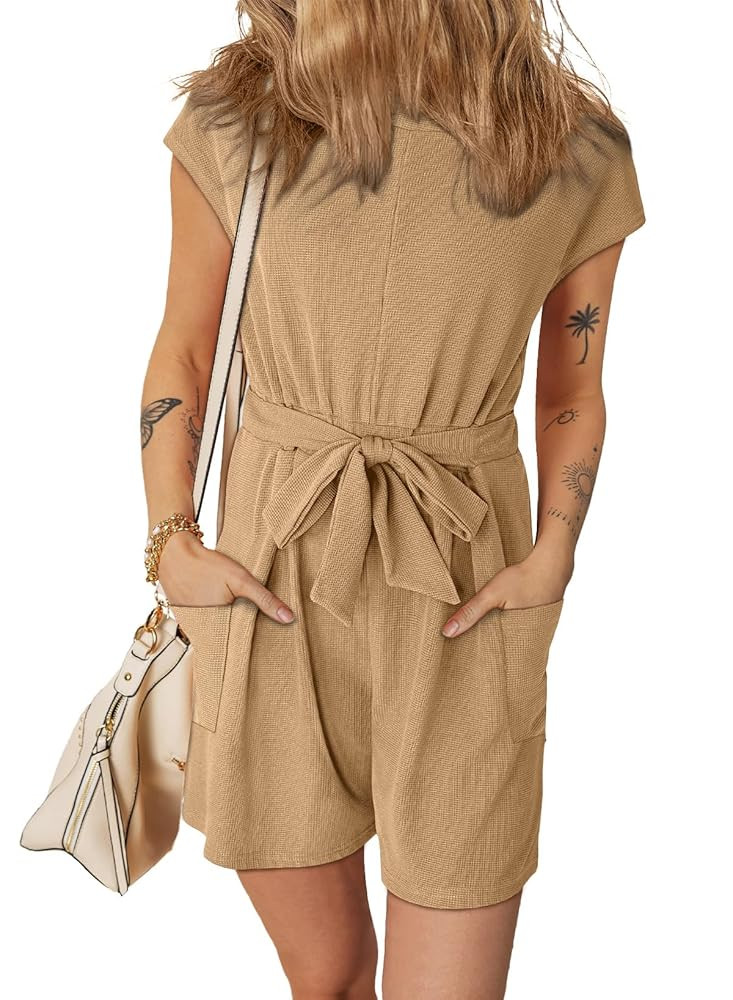 Dokotoo Women's Summer Short Sleeve Waffle Knit Romper Belt Jumpsuits with Side Pockets | Amazon (US)