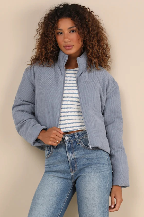 Cloud Nine Cutie Slate Blue Cropped Corduroy Puffer Jacket | Lulus