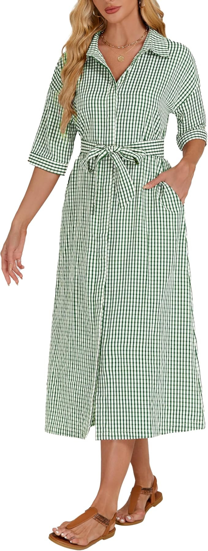 Women's half sleeve plaid long dress, V-neck, belted, loose button-down long dress | Amazon (US)