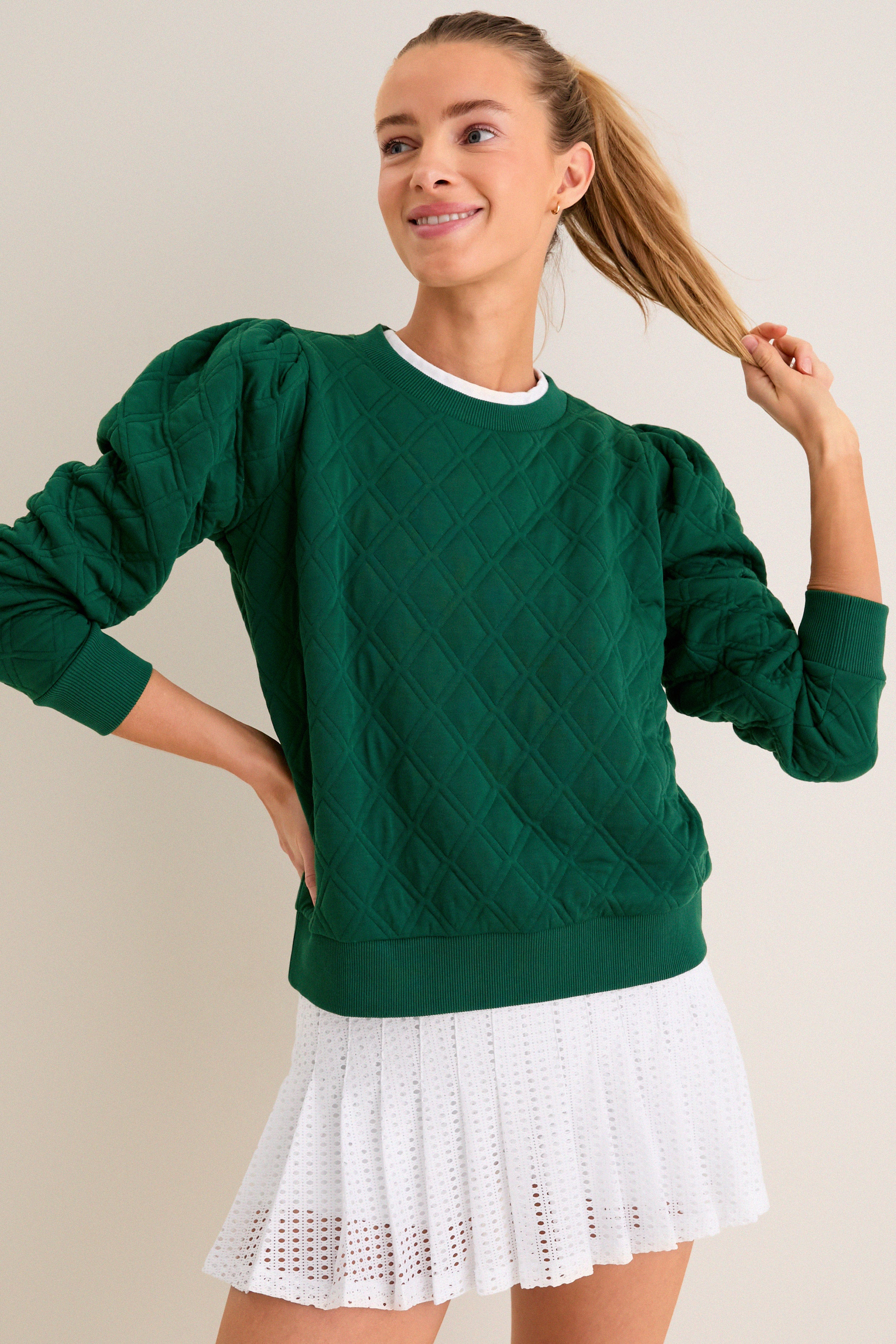 Eden Green Puff Sleeve Quilted Stretch Campbell Pullover | Tuckernuck (US)