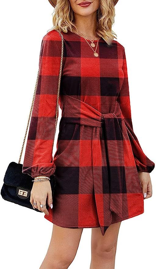 Tobrief Women’s Fall Lantern Long Sleeve Tunic Short Dress Knitted Tie Waist Sweater Dress | Amazon (US)