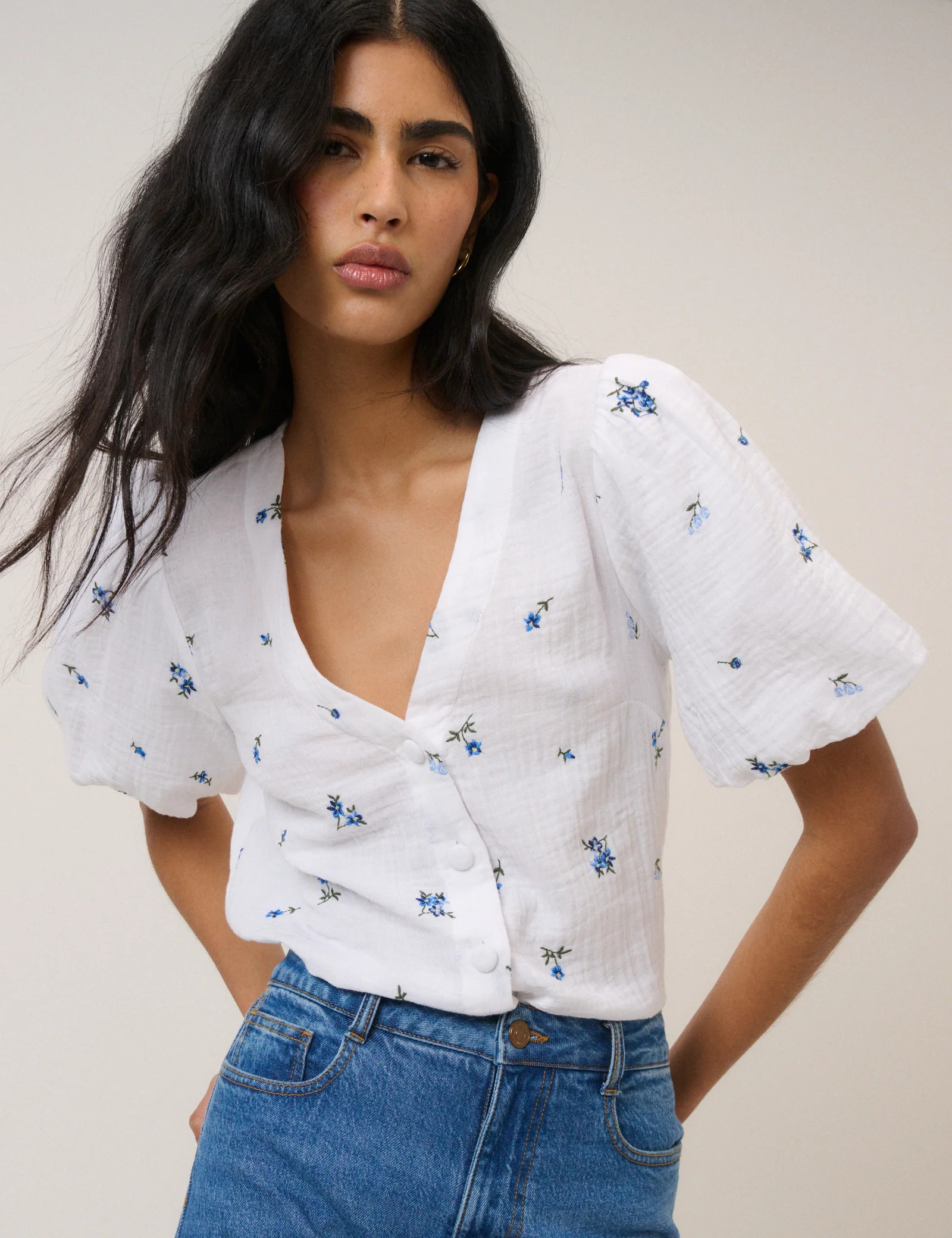 White Ditsy Floral Puff Sleeve Top | Nobody's Child