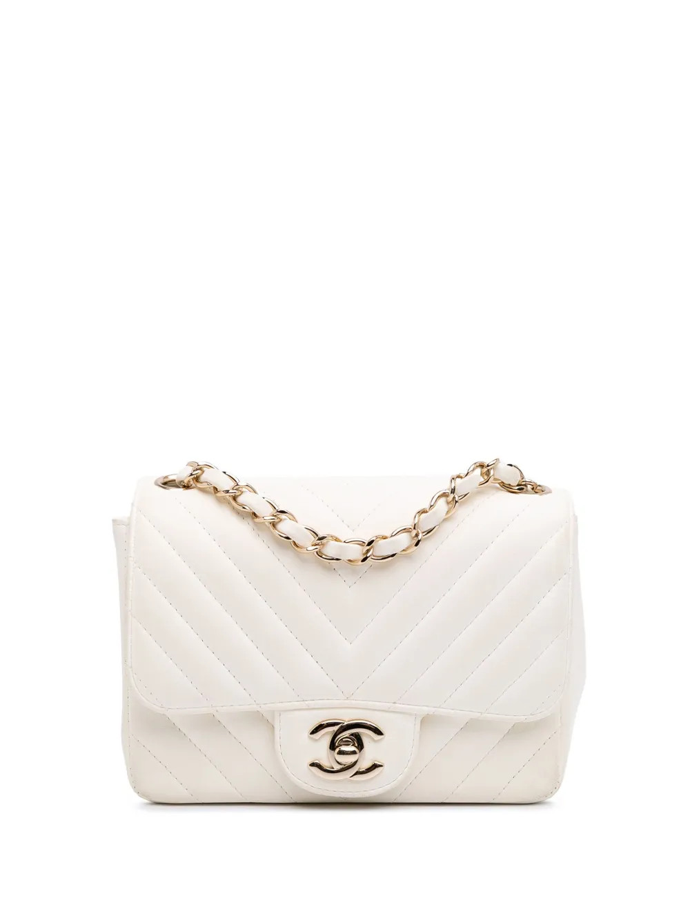 CHANEL Pre-Owned 2018 Mini Square Classic Chevron Lambskin Single Flap Crossbody Bag | White | FA... | Farfetch Global