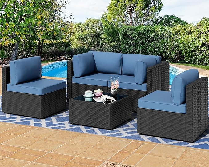 Shintenchi 5 Pieces Outdoor Patio Sectional Sofa Couch, PE Wicker Furniture Sets, Patio Conversat... | Amazon (US)