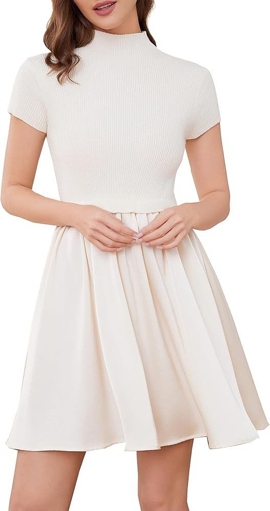 MISSACTIVER Women Mock Neck Knitted Mini Dress Short Sleeve Patchwork Sweater Short Dress Pleated... | Amazon (US)