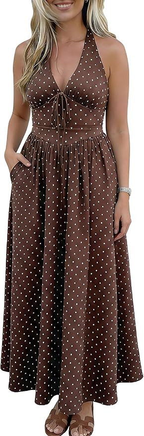 Womens Polka Dot Dress 2026 Spring Summer Halter Cocktail V Neck Maxi Smocked Casaul Long Dresses... | Amazon (US)