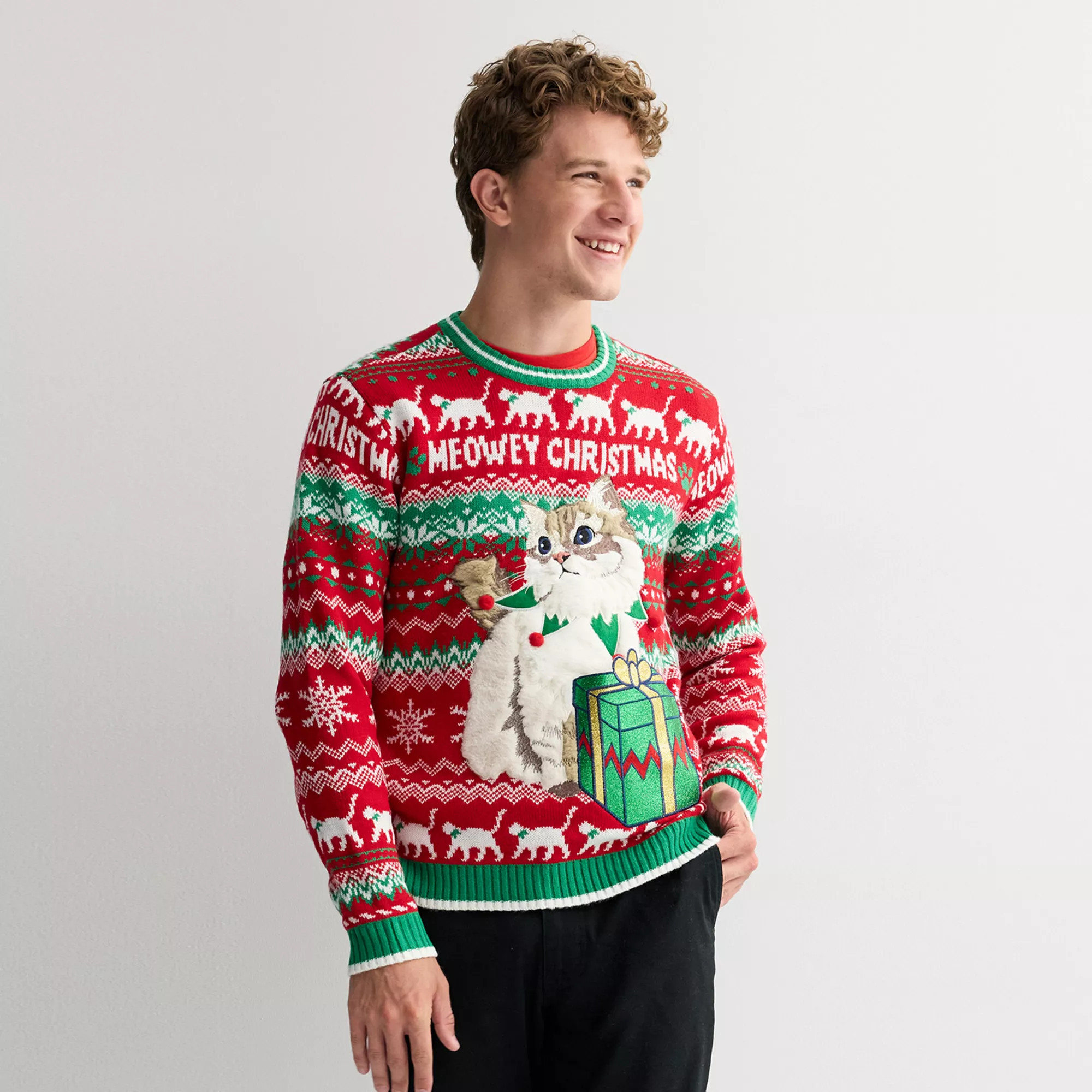 Men's Long Sleeve Cute Cat Present Crewneck Sweater | Kohl's