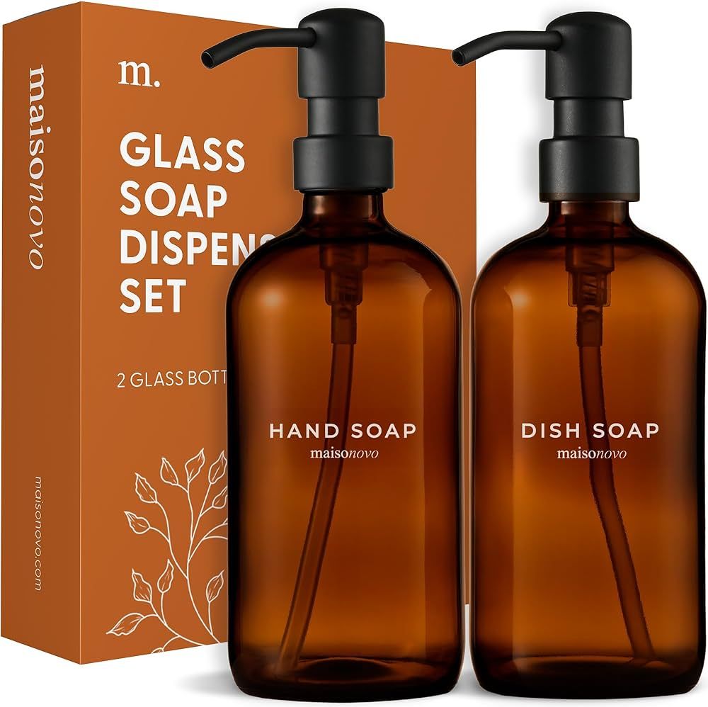 MaisoNovo Kitchen Soap Dispenser Set | Amber Glass Black Pumps x 2 | Amazon (US)