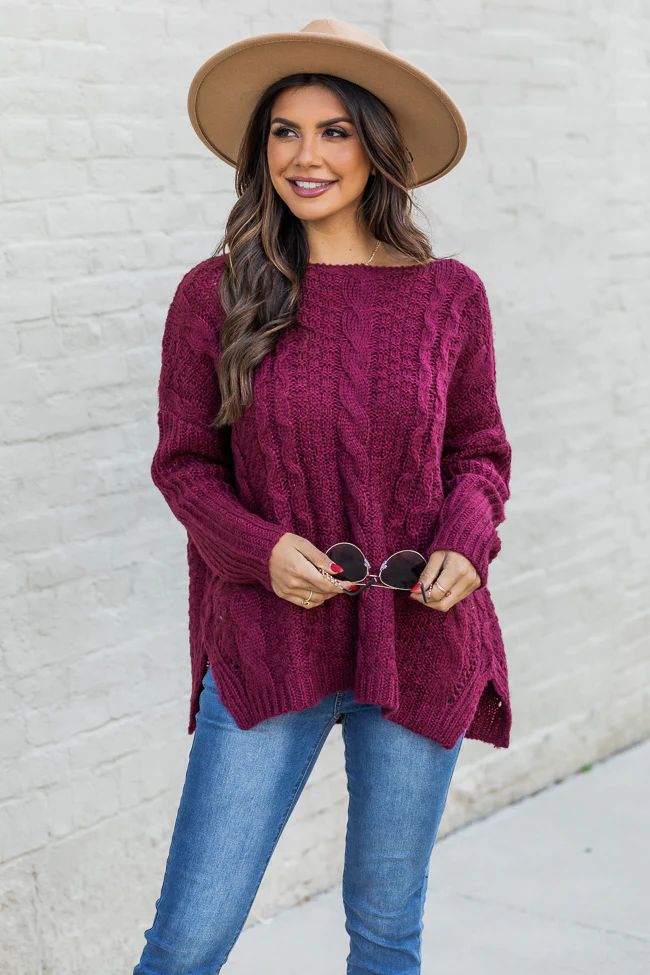 Alone With You Burgundy Cable Knit Sweater | Pink Lily