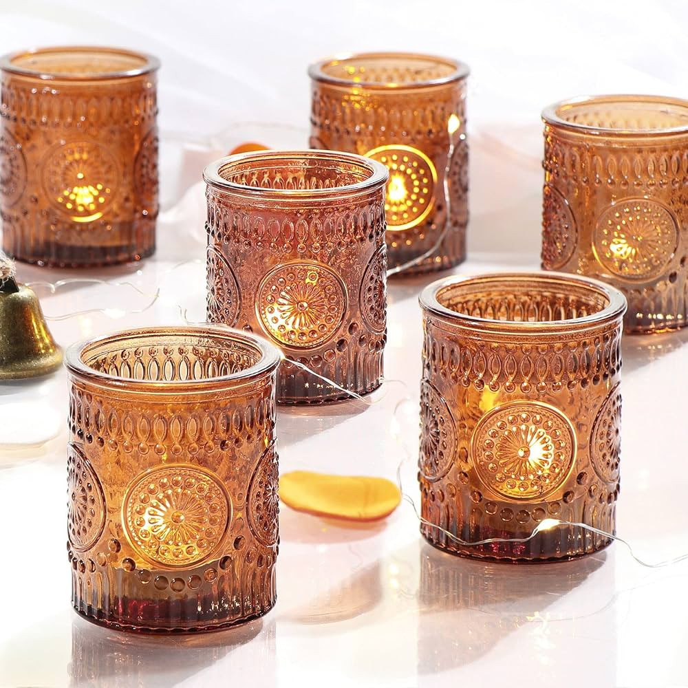 DEVI 24pcs Vintage Amber Votive Candle Holders, Amber Glass Candle Holder for Tea Lights, Boho We... | Amazon (US)