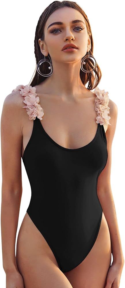 WDIRARA Women's Floral Appliques One Piece Swimsuit Scoop Neck Monokini | Amazon (US)