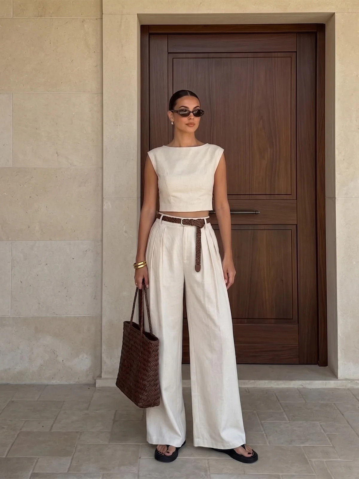 Linen-Blend Crop Top & Belted Pleated Pants Set | Commense