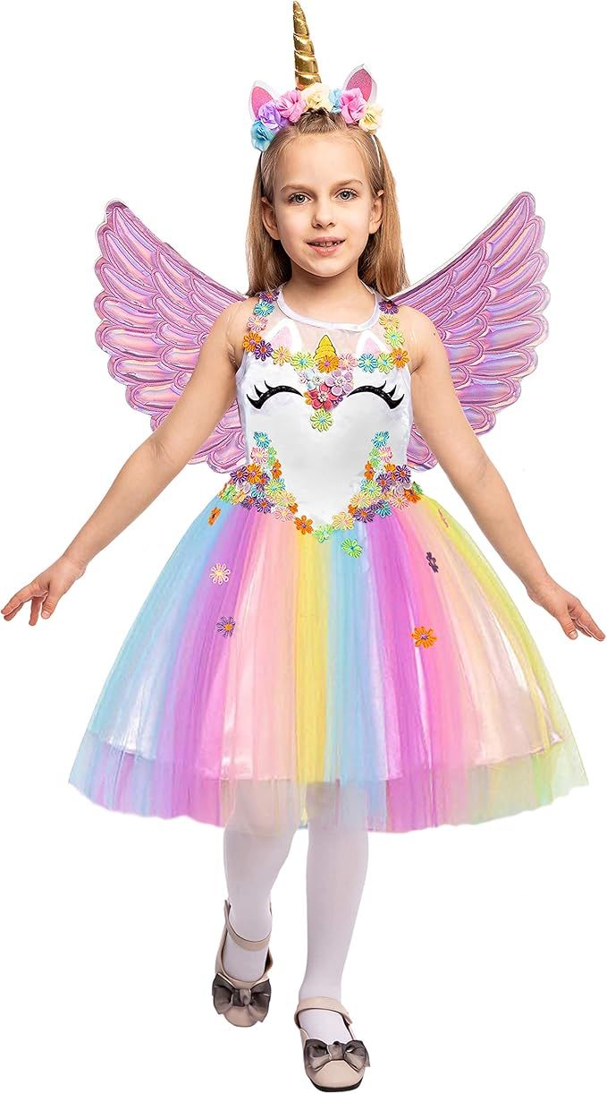 Unicorn Princess Pageant Flower Girl Tutu Dress Rainbow Skirt with Headband and Wings for Kids | Amazon (US)