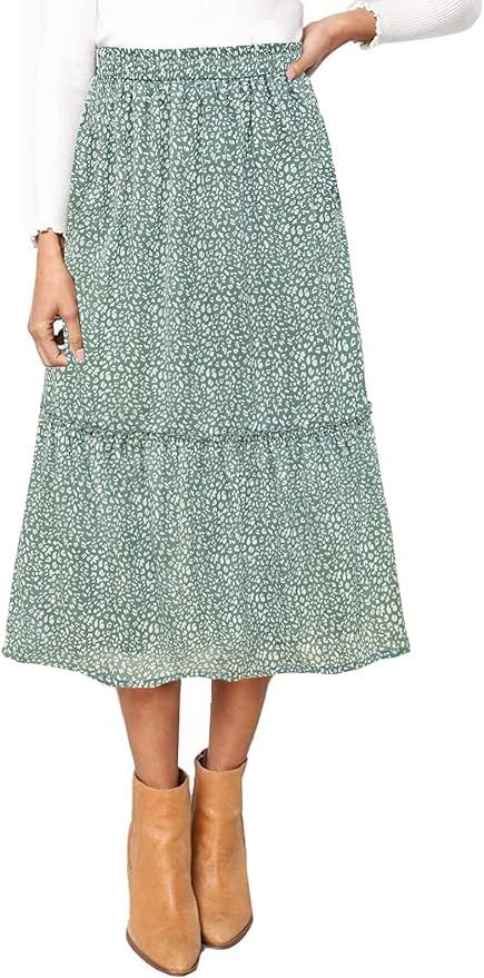 Annebouti Women Elastic Waist Ruffle Tiered Floral/Plaid Midi Skirt with Pockets | Amazon (US)