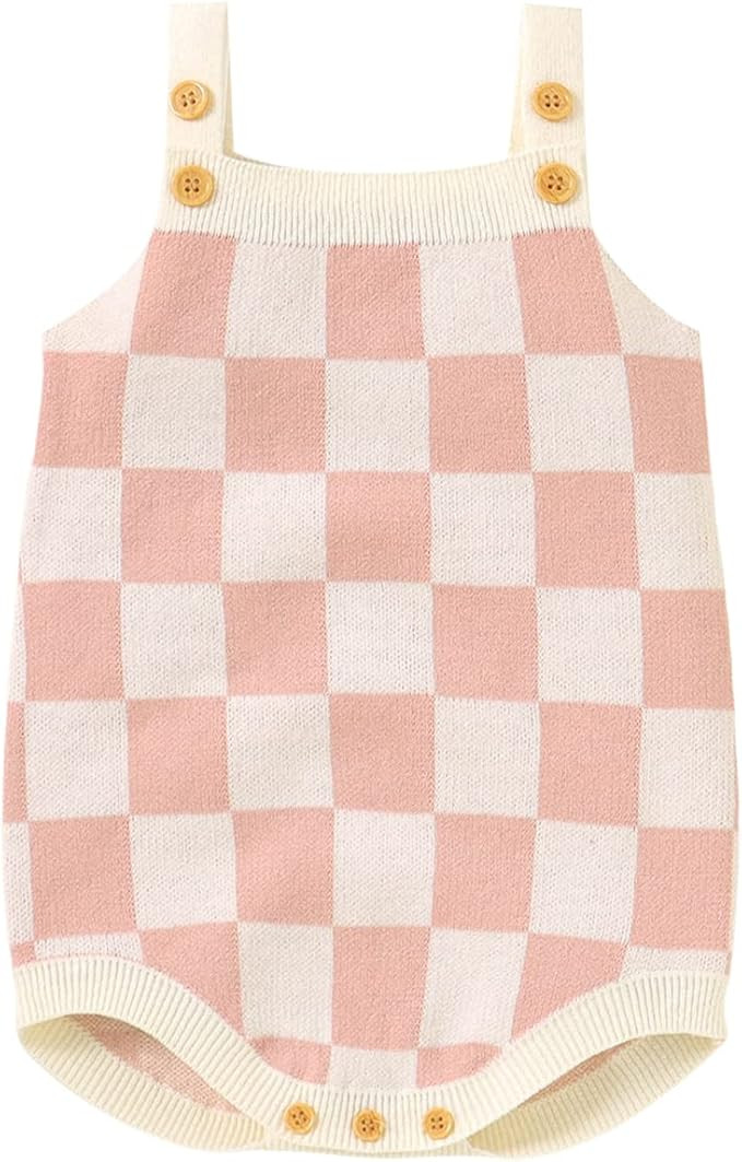Newborn Baby Girl Summer Clothes Checkerboard Plaid Print Sleeveless Knitted Bodysuit Romper One ... | Amazon (US)