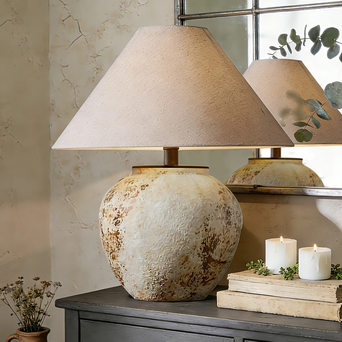 Iftikar Rustic Earthenware Table Lamp With Linen Shade & Free LED Bulb — Compact Accent Lamp Fo... | Wayfair North America