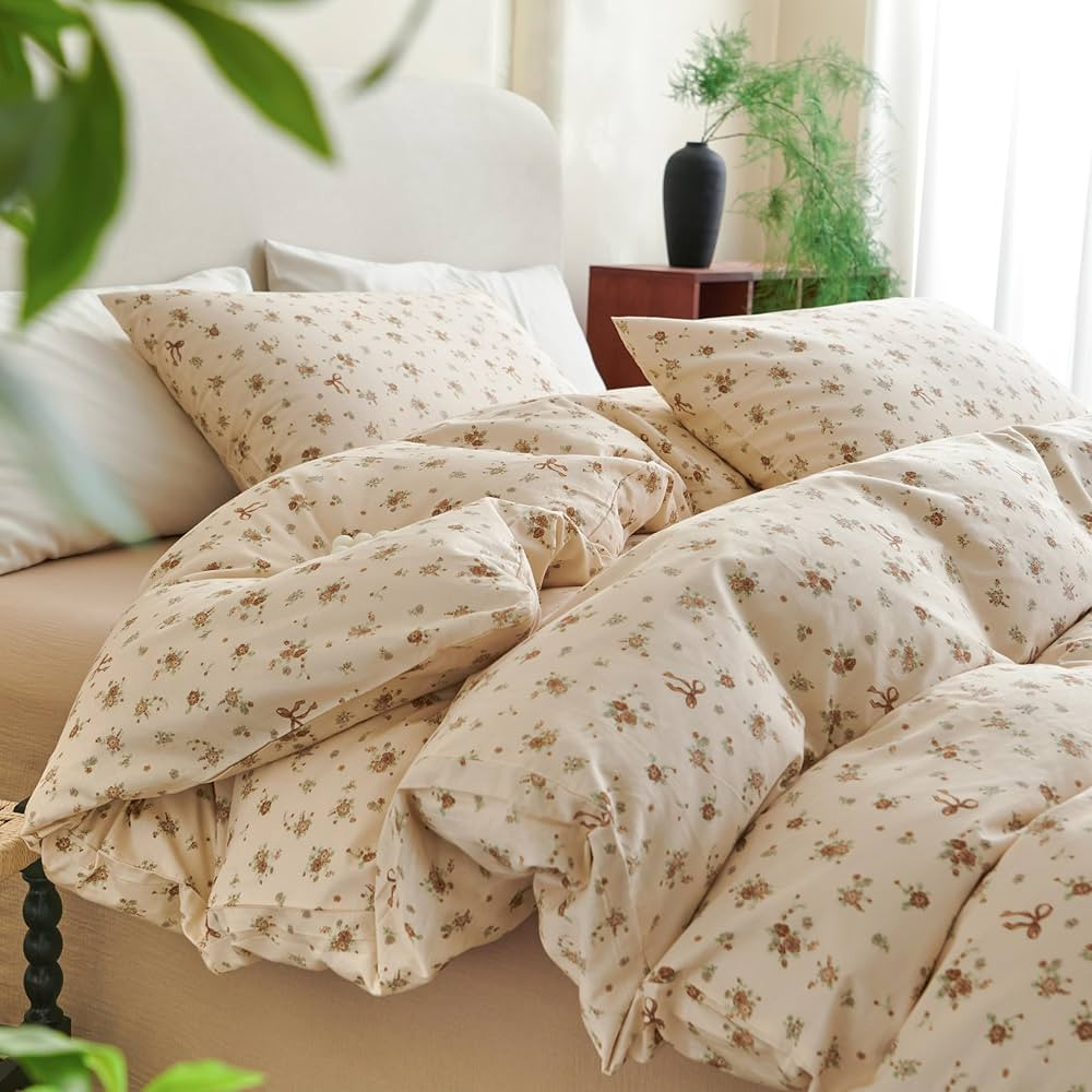 Romantic Floral Duvet Cover Cute Bow Cotton Bedding Set 3 Pcs Spring Garden Aesthetic Romantic Fl... | Amazon (US)