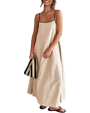 Senllen Women's Linen Dress Summer Loose Flowy Sundress Contrast Spaghetti Strap Sleeveless Backl... | Amazon (US)