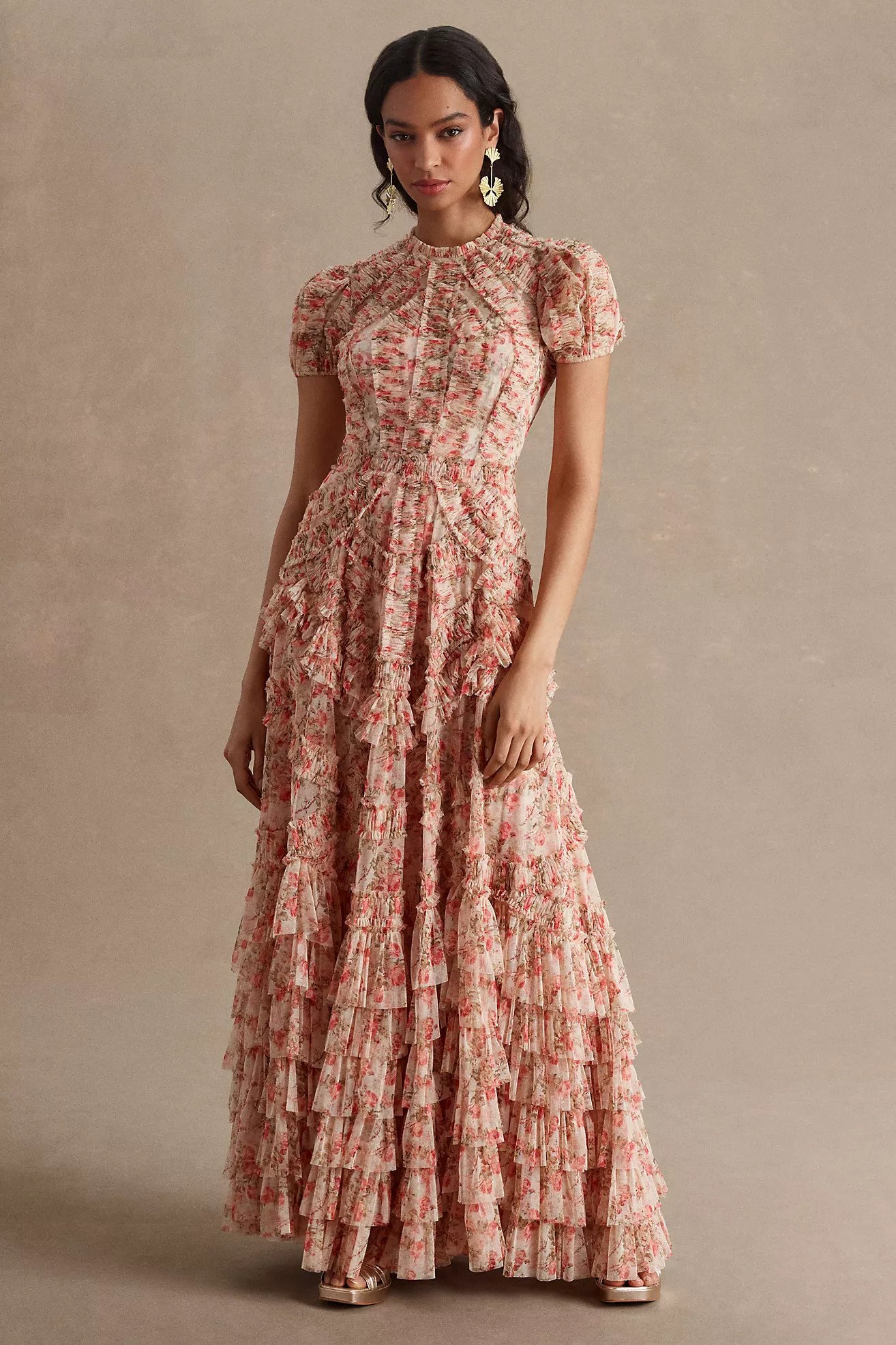 Mac Duggal High-Neck Puff-Sleeve Mesh Ruffle Gown | Anthropologie (US)