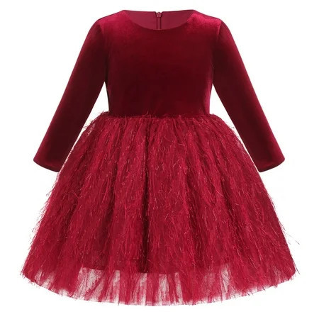 IDOPIP Toddler Kids Girls Shiny Velvet Dress Long Sleeve Fall Winter Christmas Dresses 120 Wine red | Walmart (US)