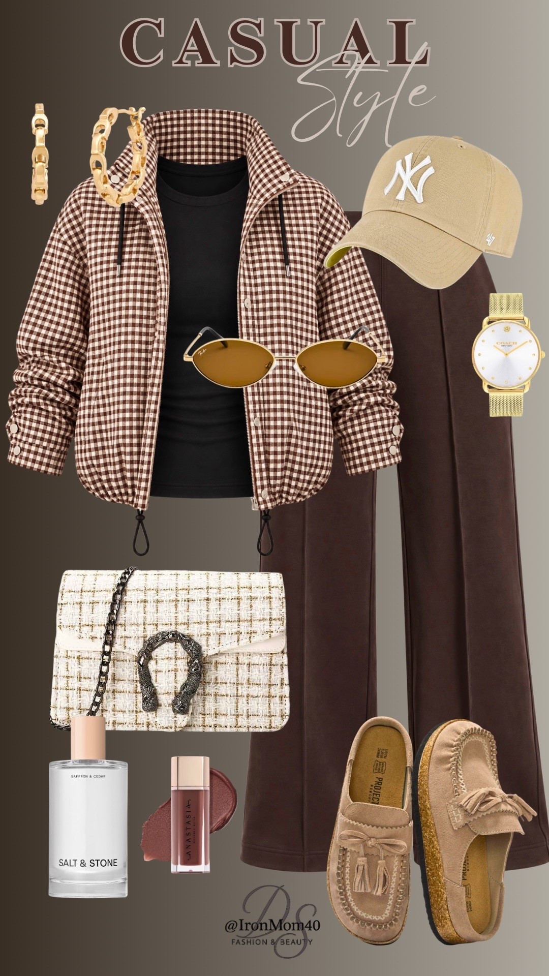 Casual outfit idea in brown and plaid