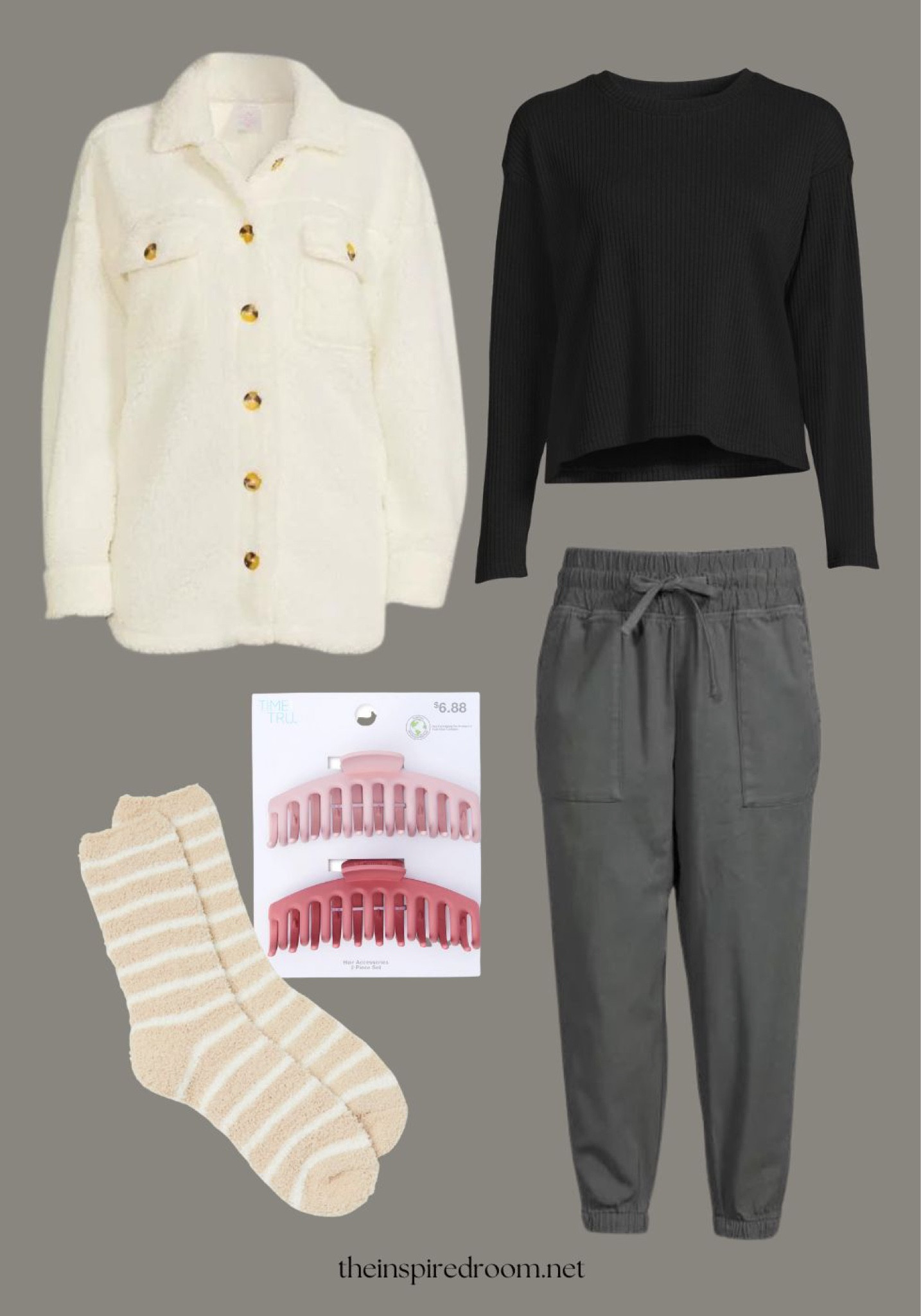 Cozy outfit all from @walmartfashion #ad The softest and coziest Sherpa jacket (great  affordable gift idea!), black ribbed crew neck, cargo joggers (color options), cute pink claw clip set, super soft socks

 See these looks and more today on theinspiredroom.net

#LTKstyletip #LTKGiftGuide #LTKHoliday
