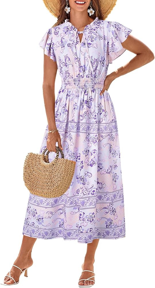 GRACE KARIN Women's Floral Boho Dress Hawaiian Dresse Short Sleeve V Neck Summer Beach Wedding Gu... | Amazon (US)