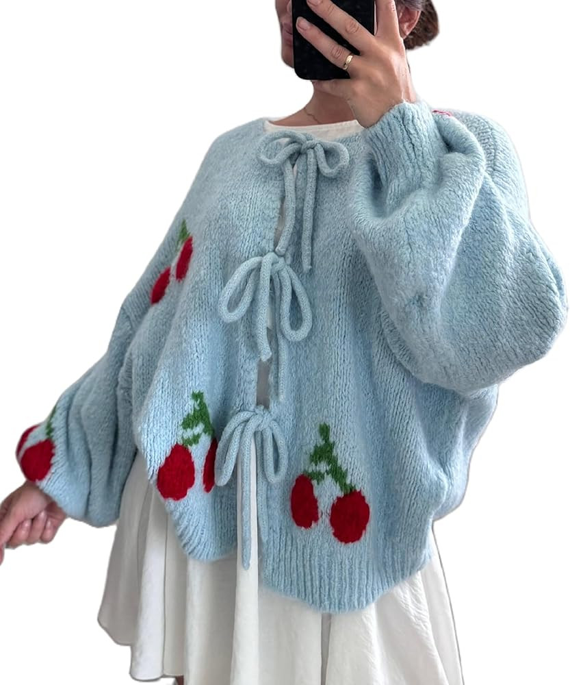 Women Y2k Fruit Knitted Cardigan Tie Front Knitwear Sweater Coat Open Front Cute Oversized Cardig... | Amazon (US)