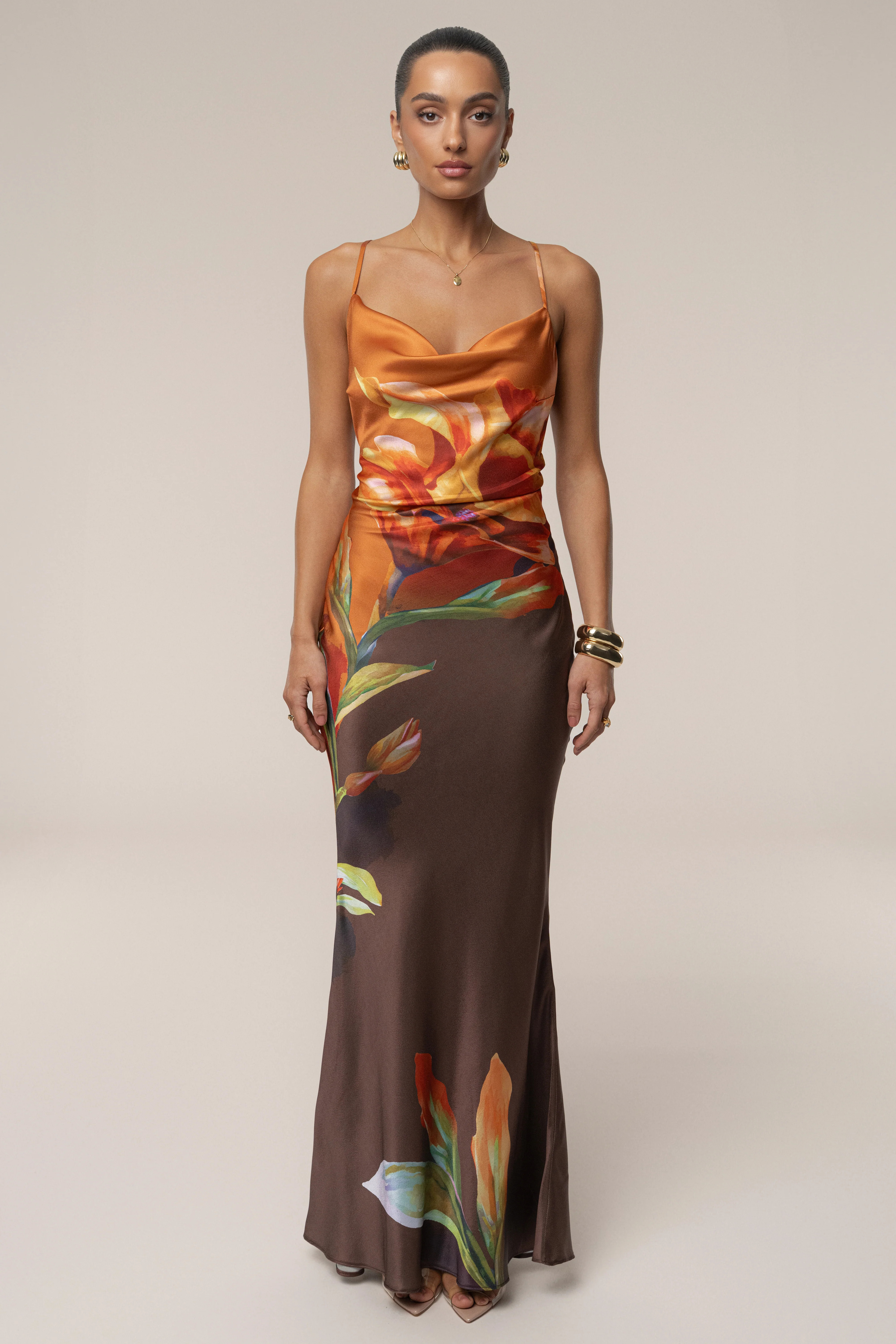 Brown Satin Floral Print Maxi Dress L | JLUXLABEL