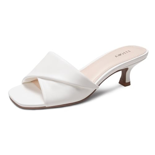 FITORY Women's Cross Band Kitten Heel Sandals,Comfortable Square Open Toe,Dressy Low Heel Sandals White Size 9 | Amazon (US)