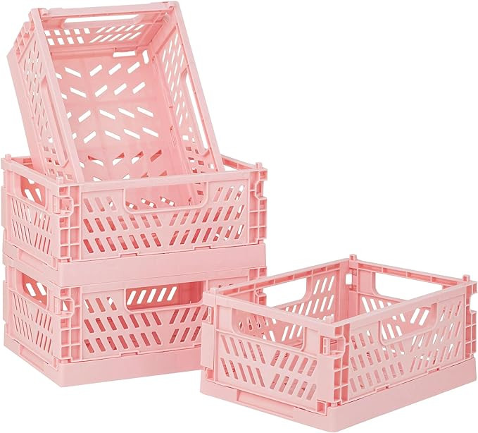 4-Pack Pink Plastic Storage Crate Small Baskets for Organizing Collapsible Storage Crates for Des... | Amazon (US)