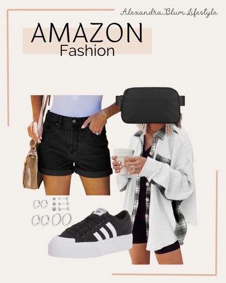 Amazon fashion finds! Waffle knit button up shirt, black jean shorts, platform sneakers, diamond earrings, and waist bag!Cute casual summer outfit! Spring outfit!

#LTKMidsize #LTKFindsUnder50 #LTKOver40