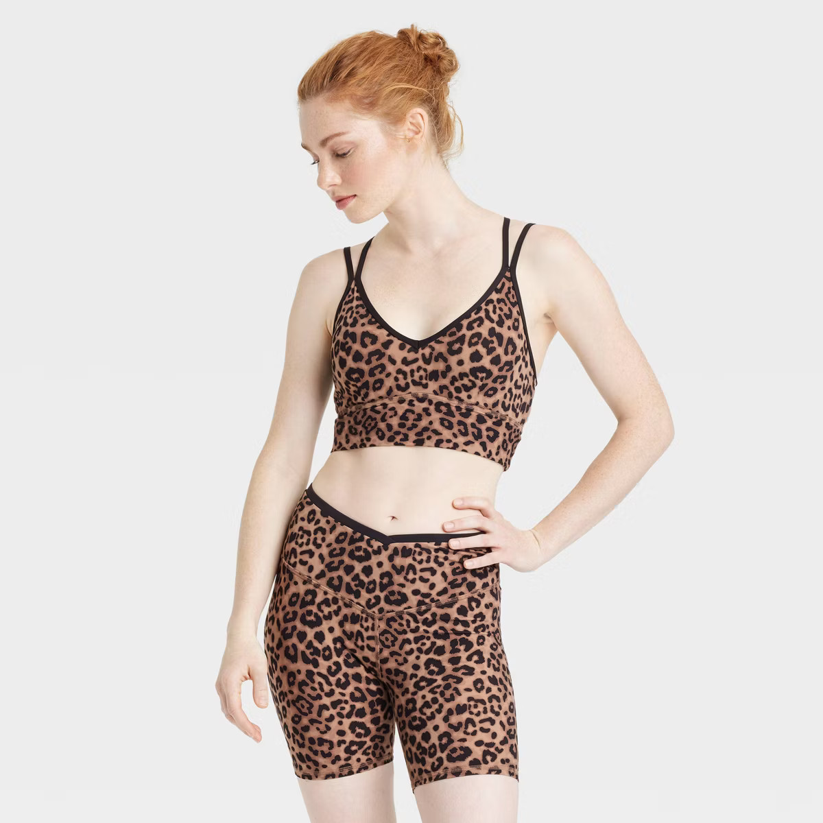 Women's V Neck Strappy Sports Bra - JoyLab™ Brown Leopard M: Light Support, Padded Cup, Removab... | Target