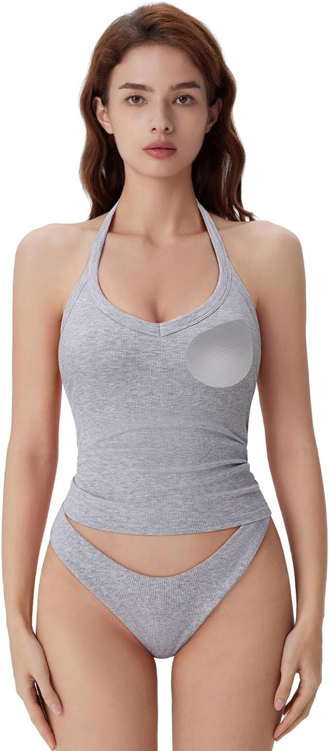 SUUKSESS Halter Tank Top for Women with Built in Bra Cotton Ribbed V Neck Cami | Amazon (US)