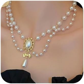 Women Bridal Vintage 1920s Imitation Pearl Necklace Layered Tassels Shiny Bow Choker Necklace Fas... | Amazon (US)