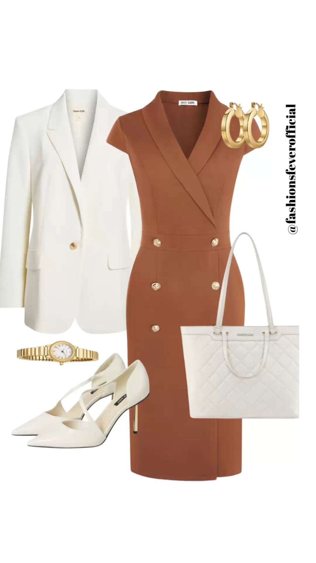 Business casual workwear! Elevate your professional wardrobe with this sophisticated office look. Perfect for spring and summer, this ensemble features a tailored burnt orange sheath dress paired with a crisp, pocketless white blazer for a clean, modern aesthetic. Complete with chic cross-strap pumps and a classic quilted tote, it’s the ultimate power outfit for the stylish woman.

#LTKworkwear #LTKstyletip