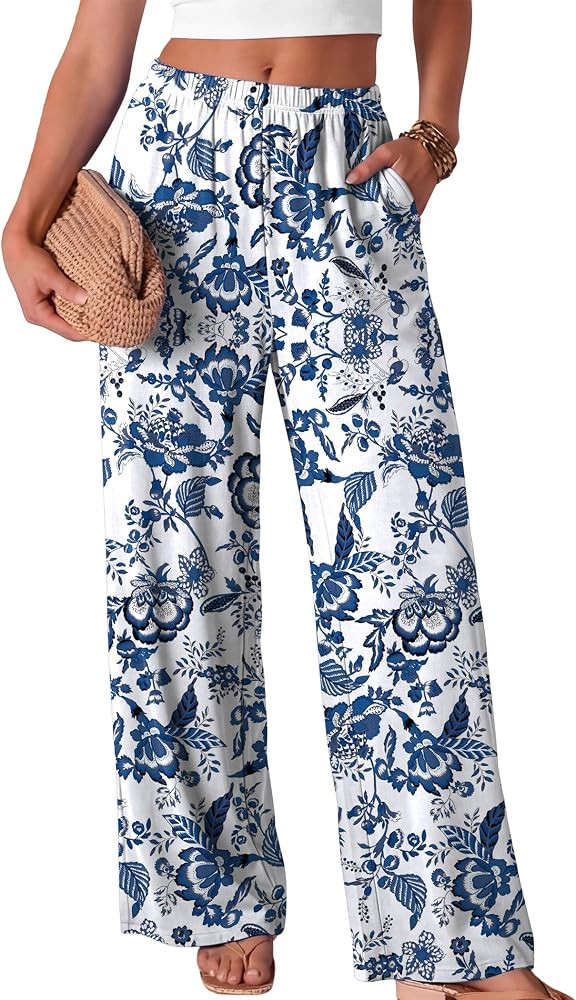 Wide Leg Pants for Women Flowy Palazzo Elastic Waist Trousers with Pockets Summer Spring Outfits | Amazon (US)